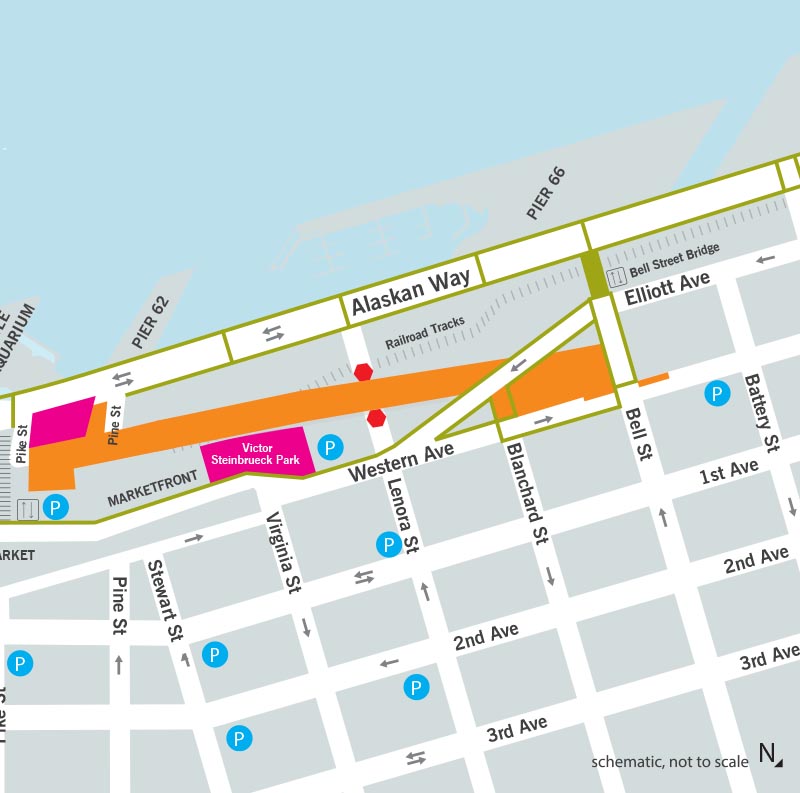 Map showing construction work zones between Pike and Bell streets, with current construction east of Alaskan Way in the footprint of the former viaduct.